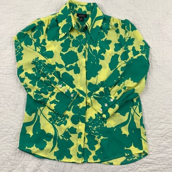 Halogen Green Floral Puffed Sleeve Blouse size Small - Picture 1 of 9